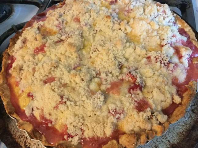 rhubarb peach pie just out of oven
